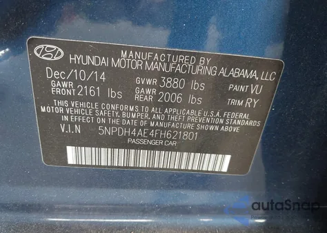2015 Hyundai Elantra Se из США, поврежденный, VIN 5NPDH4AE4FH621801